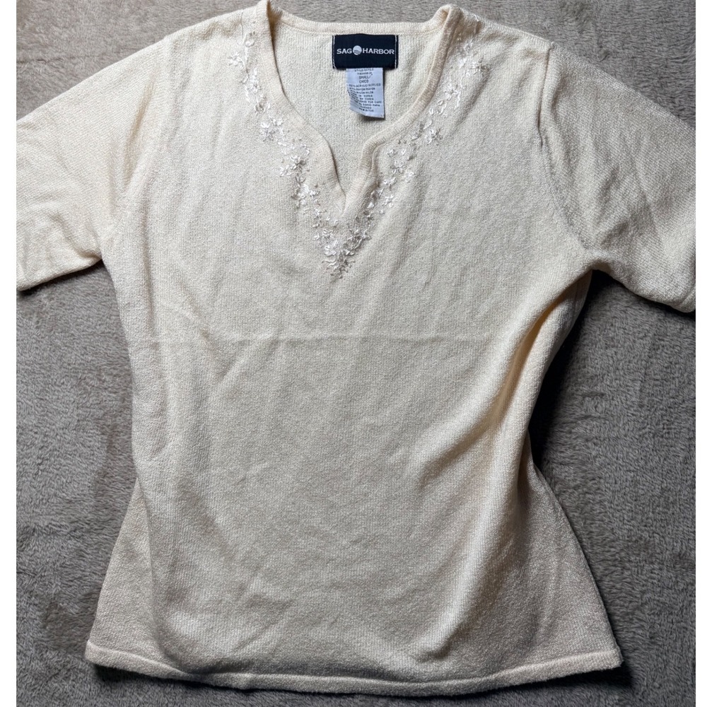 Sag Harbor Womens Small Ivory Knit Top Embroidered Cottagecore Feminine 90s